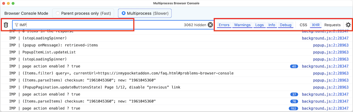 Firefox browser console with JS and logging enabled