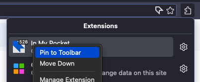 Context menu that allows you to pin an icon to the toolbar. The context menu appears after right-clicking the addon icon in Firefox new extensions menu